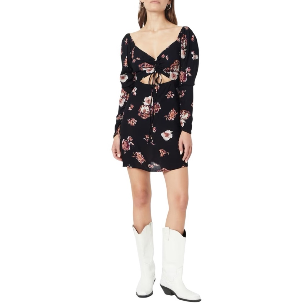 Nasty Gal Floral Ruched Skater Dress Black Cutout size 6 Long Sleeves NWT